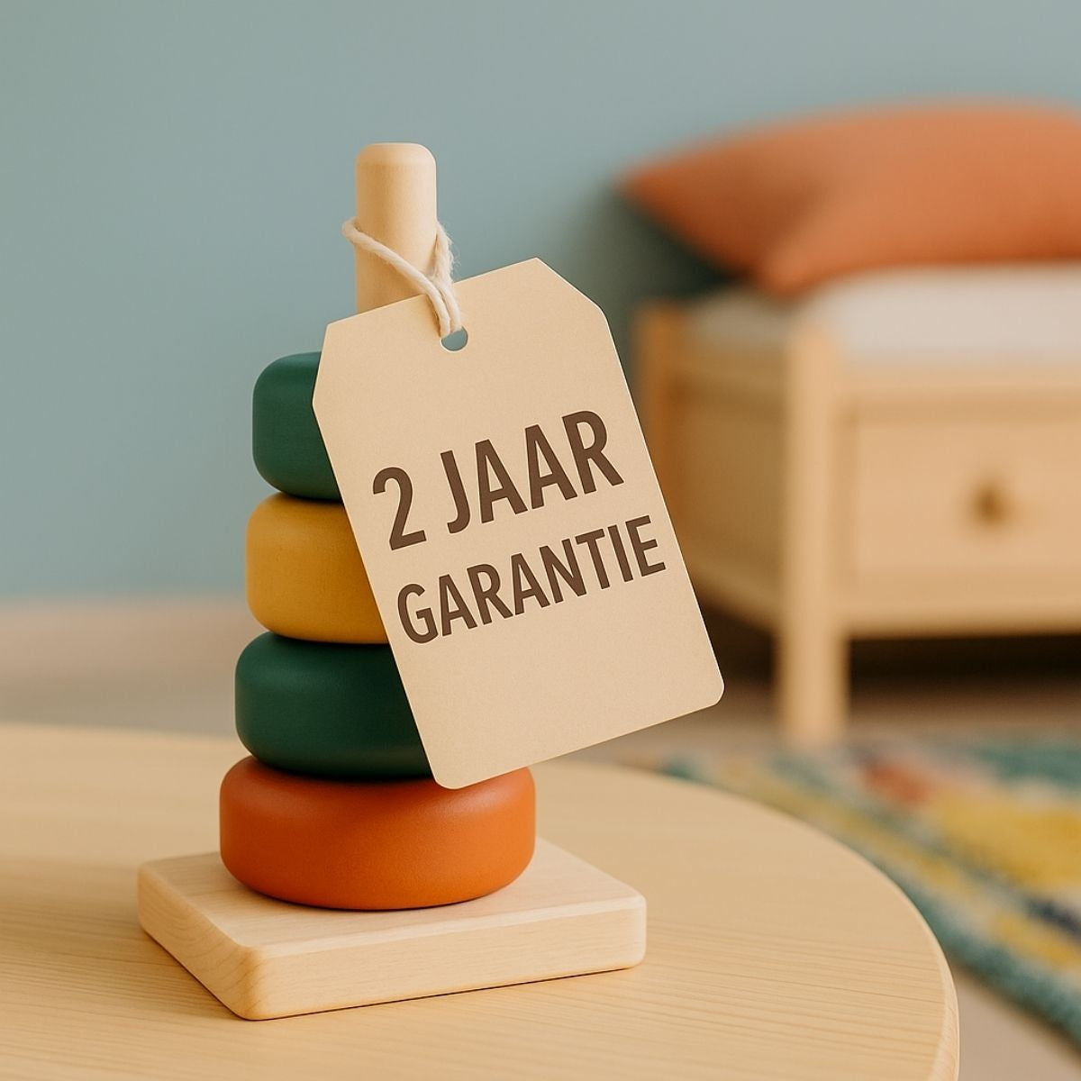 Montessori houten stapelspeelgoed met label 2 jaar garantie op tafel in Japandi kinderkamer met rustige inrichting