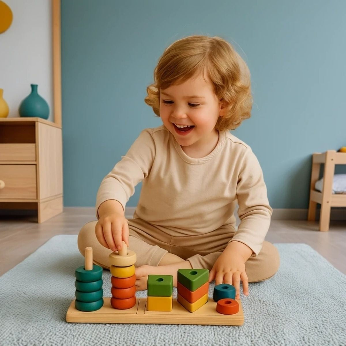Kind lacht terwijl het speelt met Montessori houten stapelblokken in een rustige Japandi kinderkamer