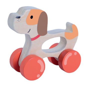 Gerardo’s Toys Houten Speelset met houten hondje op vier oranje wielen en uitsparing in het midden.