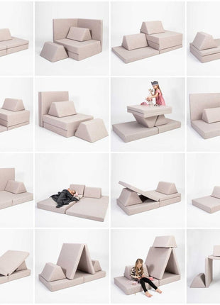 Collage met veertien creatieve speelvormen van de beige Monboxy Montessori speelbank – toont multifunctioneel gebruik voor jongere kinderen.