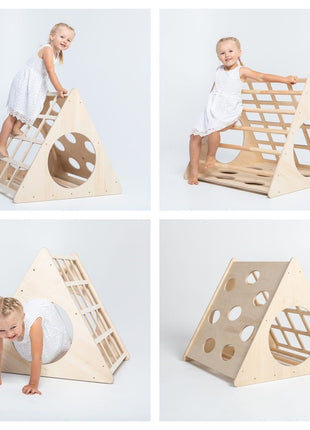 Vier foto's van kind dat speelt op de Berkenhouten Montessori Klimdriehoek op witte achtergrond.