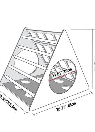 Technische tekening van de Berkenhouten Montessori Klimdriehoek met afmetingen in centimeters.