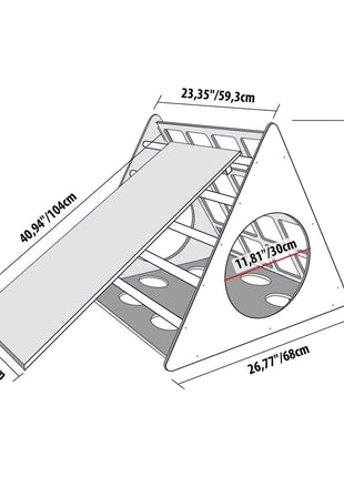 Illustratie van de Berkenhouten Montessori Klimdriehoek met Helling met afmetingen in centimeters.
