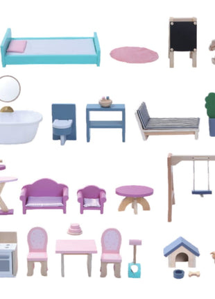 Crystal Houten Poppenhuis met LED-verlichting, overzicht van alle losse meubels en accessoires.