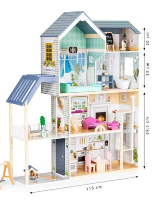 Crystal Houten Poppenhuis met LED-verlichting, zijaanzicht met afmetingen in beeld.