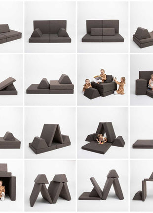 Donkerbruine Monboxy Montessori speelbank in meerdere speelse opstellingen – toont flexibiliteit voor creatief kinderspel.