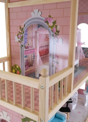 Emily houten poppenhuis van Gerardo’s Toys met close-up van balkon en slaapkamer.