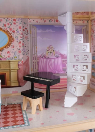 mily houten poppenhuis van Gerardo’s Toys met close-up van wenteltrap en piano.