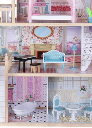 Emily houten poppenhuis van Gerardo’s Toys met woonkamer, badkamer en eethoek in beeld.
