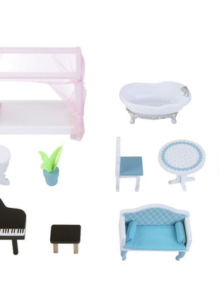 Emily houten poppenhuis van Gerardo’s Toys met losse set van 11 houten meubelstukken.