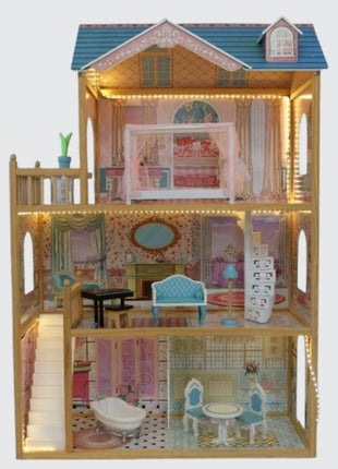 Emily houten poppenhuis van Gerardo’s Toys als productfoto met LED-verlichting.