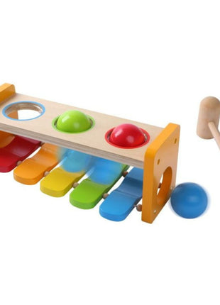 Gerardo’s Toys 2-in-1 Houten Muziekhamerbank met houten hamer, drie gekleurde ballen en xylofoon.