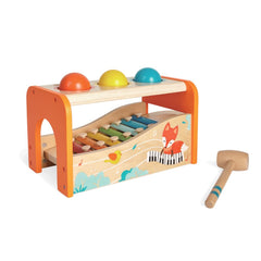 Gerardo’s Toys 2-in-1 Muzikale Hamerbank met drie gekleurde ballen, xylofoon en houten hamer.