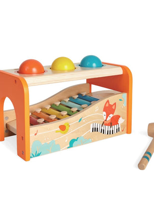 Gerardo’s Toys 2-in-1 Muzikale Hamerbank met drie gekleurde ballen, xylofoon en houten hamer.