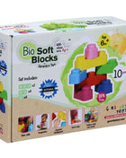 Verpakking van Gerardo’s Toys Biologische Zachte Bouwblokken met 10 onderdelen vanaf 6 maanden.
