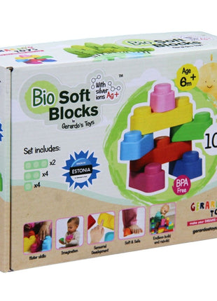 Verpakking van Gerardo’s Toys Biologische Zachte Bouwblokken met 10 onderdelen vanaf 6 maanden.