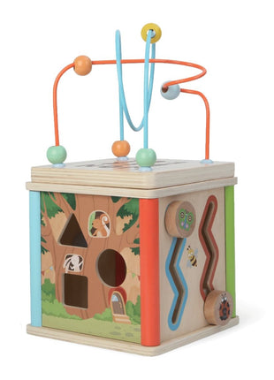 Gerardo’s Toys Houten Activiteitenkubus met kralenbaan en zichtbare speelpanelen aan twee zijden.
