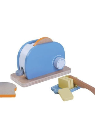 Gerardo’s Toys houten broodrooster met brood, mes, botervlootje en losse boterham.