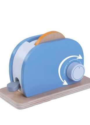 Gerardo’s Toys houten broodrooster met brood erin en draaiknop aan de zijkant.