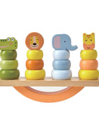 Gerardo’s Toys houten evenwichtsspel met vier dieren opgebouwd op de schommel.