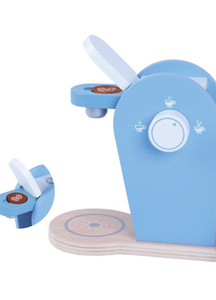 Gerardo’s Toys houten koffieset met koffiezetapparaat, geopende klep en koffiecup.