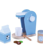 Gerardo’s Toys houten koffieset met apparaat, melkpak, suikerpotje, kopje, lepel en koffiecups.