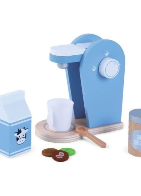 Gerardo’s Toys houten koffieset met apparaat, melkpak, suikerpotje, kopje, lepel en koffiecups.