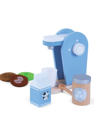 Gerardo’s Toys houten koffieset met koffiezetapparaat, melkpak, suikerpotje en drie koffiecups.