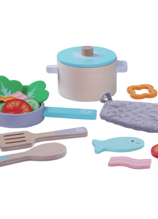 Gerardo’s Toys houten kookset met pan, koekenpan, handschoen, keukengerei en speelvoedsel.