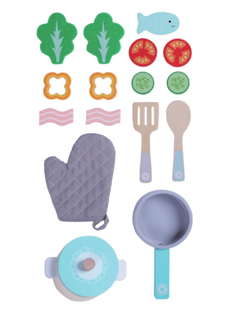 Gerardo’s Toys houten kookset met 16 onderdelen waaronder pannen, keukengerei en etenswaren.