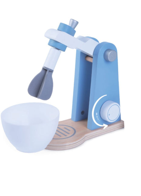 Gerardo’s Toys houten mixer met draaiknop en losse kom ernaast.