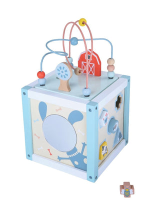 Gerardo’s Toys Houten Motoriekcentrum met kralenbaan en zichtbare vormopeningen op twee zijden.