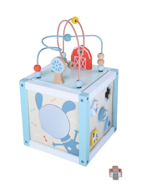 Gerardo’s Toys Houten Motoriekcentrum met kralenbaan en zichtbare vormopeningen op twee zijden.