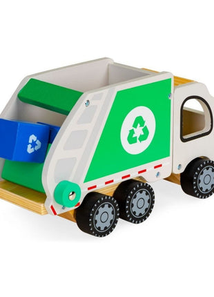 Gerardo’s Toys Houten Recyclingwagen vanaf achterkant met blauwe container op groene laadklep.