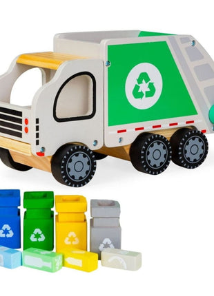 Gerardo’s Toys Houten Recyclingwagen met vier gekleurde containers en bijpassende afvalblokken.