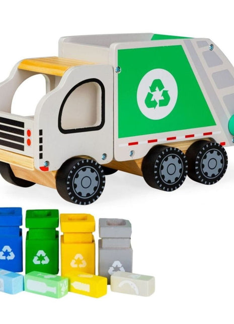 Gerardo’s Toys Houten Recyclingwagen met vier gekleurde containers en bijpassende afvalblokken.
