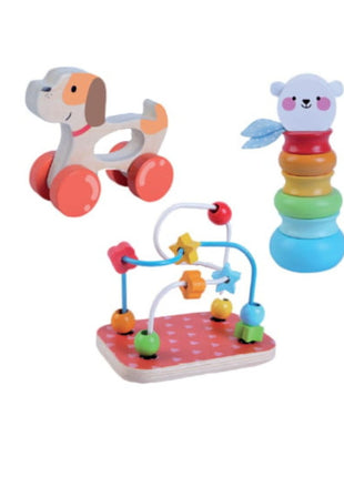 Gerardo’s Toys Houten Speelset 3-delig met kralenbaan, hondje op wielen en stapelfiguur beer.