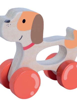 Gerardo’s Toys Houten Speelset met houten hondje op vier oranje wielen en uitsparing in het midden.
