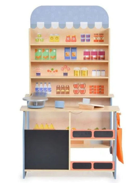 Gerardo’s Toys houten supermarkt met schappen vol speelproducten en toonbank.
