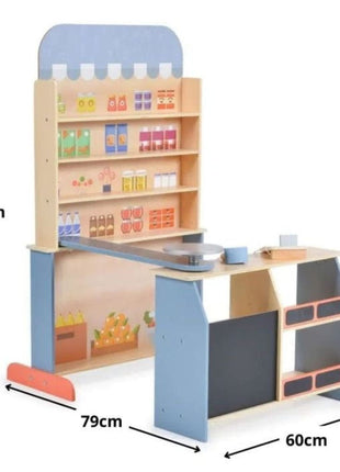 Gerardo’s Toys houten supermarkt zijaanzicht met afmetingen 100 x 79 x 60 cm.