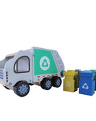 Gerardo’s Toys Houten Vuilniswagenset met grijze vrachtwagen en vier gekleurde containers met recyclesymbolen.