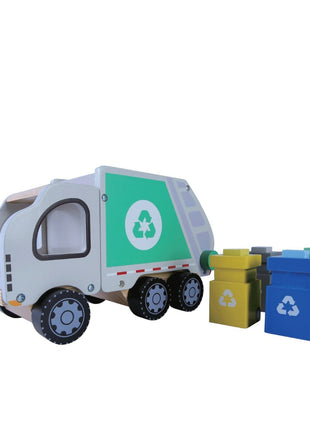 Gerardo’s Toys Houten Vuilniswagenset met grijze vrachtwagen en vier gekleurde containers met recyclesymbolen.