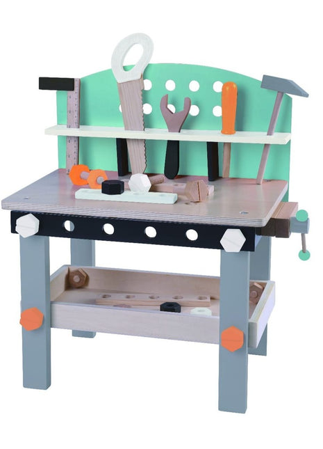 Gerardo’s Toys houten werkbank met 32 onderdelen waaronder hamer, zaag en schroevendraaier.