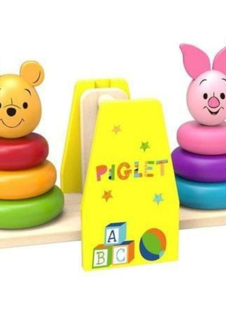 Gerardo’s Toys Houten Winnie de Poeh Balans Stapelspel uitgepakt met figuren van Winnie de Poeh en Knorretje.