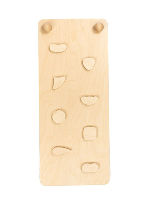 Vooraanzicht van hellingbaan voor Pikler naturel met houten klimgrepen op plank