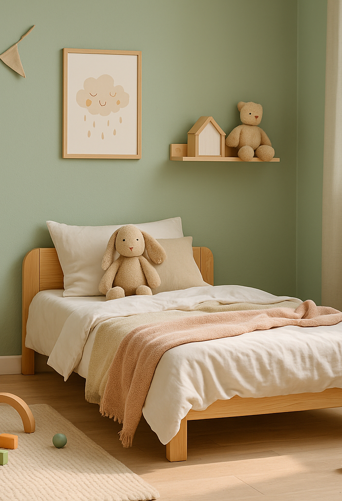 Japandi kinderkamer met houten bed, pastelkleurige accessoires en daglicht door linnen gordijnen als rustige blogbanner