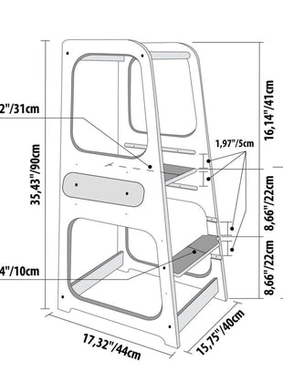 Technische tekening van Keukenhulp Toren met afmetingen in centimeters en inches.