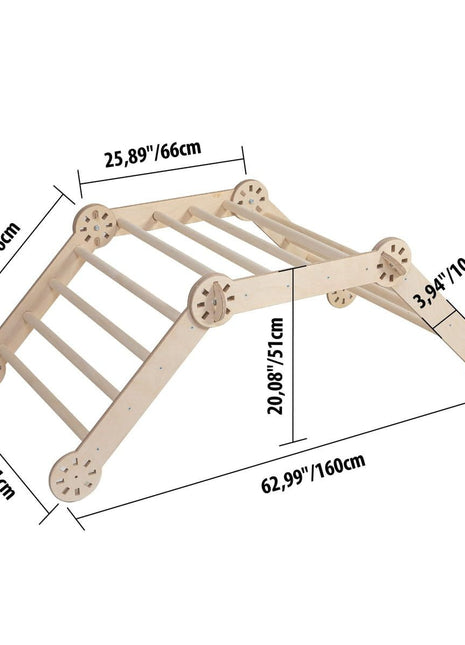 Technische afbeelding van klimdriehoek met afmetingen – stevig ontwerp van Baltisch berkenmultiplex.