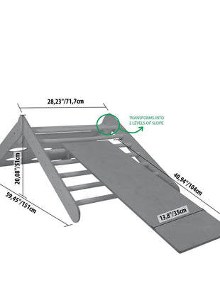 Klimdriehoek met helling in hogere positie – afmetingen en verstelbare mogelijkheden in beeld.