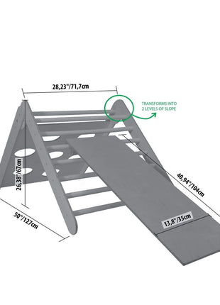 Technische afmetingen van klimrek met helling op lage stand – Montessori speelstructuur voor peuters.